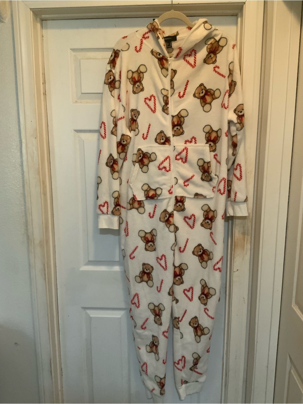 Forever 21 White Teddy Bear & Red Candy Cane Hooded Kids Pajama Set